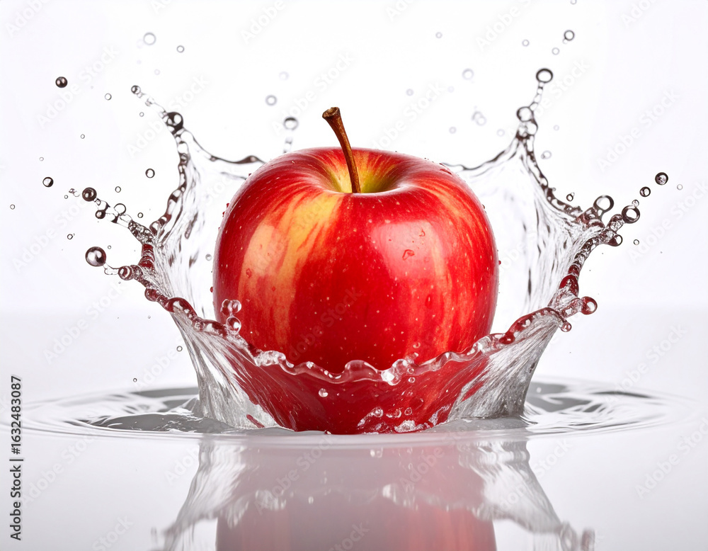 Poster crisp red apple splash into refreshing clear water creating dynamic splash explosion