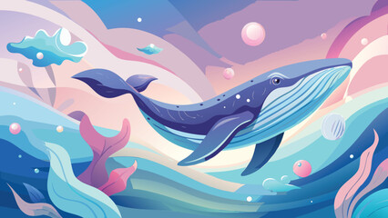 Majestic blue whale swimming gracefully through a dreamy underwater landscape with soft pastel colors and flowing waves