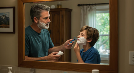 Father teaching son how to shave in bathroom mirror with shaving cream and razor blade