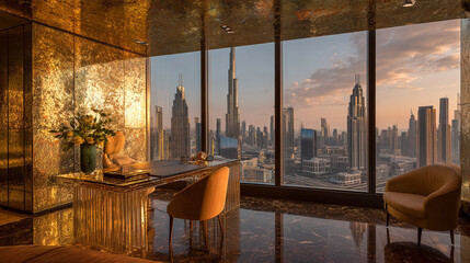 Gold office features luxury texture with city view. Interior design surface ideal for real estate marketing, office branding or upscale lifestyle promotions.