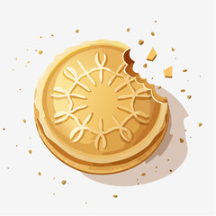 Golden Round Cookie with Intricate Pattern and a Bite Taken Out