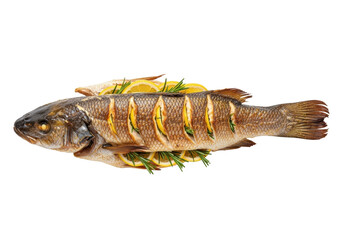 Perfectly whole roasted branzino fish with golden-brown crispy skin, stuffed with vibrant lemons and rosemary sprigs, isolated on a clean, transparent studio background, professional food photography