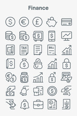Fototapeta premium A collection of thin line art icons representing various financial concepts like currency, banking, and investment.
