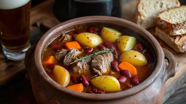 A delicious and nourishing meal, this beef stew is filled with chunks of meat and vegetables such as potatoes, carrots, and tomatoes. Perfect for colder weather or a comforting dinner.