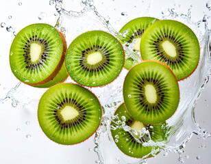 Fresh Juicy Kiwi Slices Splashing Through Water Healthy And Refreshing Fruit