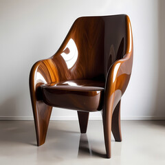 Modern Glossy Brown Wooden Sculptural Chair  