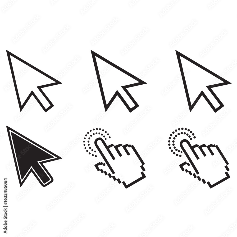 Poster computer mouse cursor icons – pixelated pointer, arrow & hand symbols transparent vector illustratio