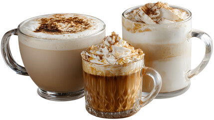 Hot Warm Homemade Coffee Latte Chai Tea Morning Brew in Cups and Glasses in a cafe restaurant having brunch Tasty and Delicious Espresso Latte Mocha Tea isolated on a white background