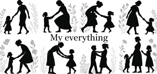 Obraz premium Mother and children silhouette family vector, loving parent and kids holding hands, motherhood clipart with floral decoration
