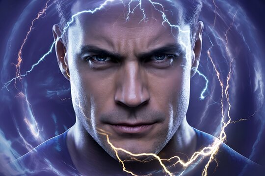Intense man with piercing blue eyes surrounded by powerful electric lightning strikes, conveying raw energy and focused determination.