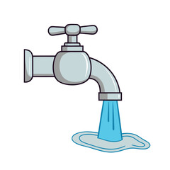 Silver faucet pouring blue water onto a puddle vector