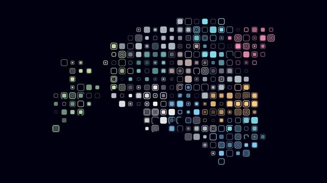 Estonia map animation. Shape of the country with pulsating colored dots. Large size rounded square blocks. Digital style Estonia map on dark background. Awesome video.