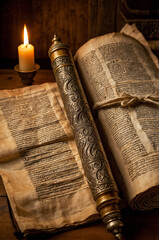 Ancient Manuscripts and Scroll with Candlelight