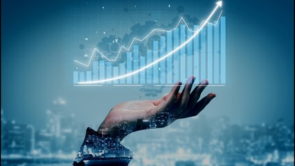 A hand lifts a rising graph, symbolizing financial growth and success. The abstract city background...