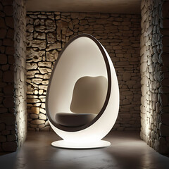 Modern Glowing Egg-Shaped Chair in Stone Room  