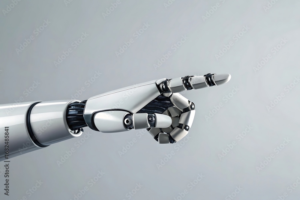 Poster a robotic hand with a sleek, metallic finish points towards the future, symbolizing the integration 
