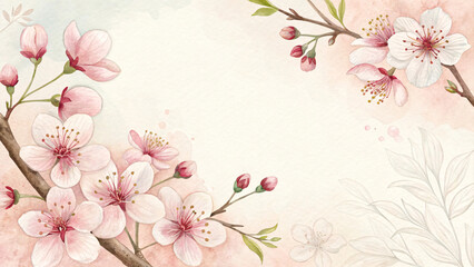 Obraz premium Pink cherry blossoms on brown branches with delicate petals and buds against cream background with subtle texture.