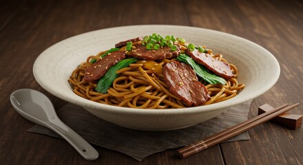 따뜻한 조명의 맛깔난 소고기 볶음면