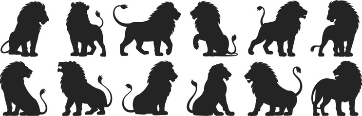 Lion silhouette vector set, majestic big cat poses, wild animal illustration, jungle king artwork, predator symbol graphic, safari wildlife black shape