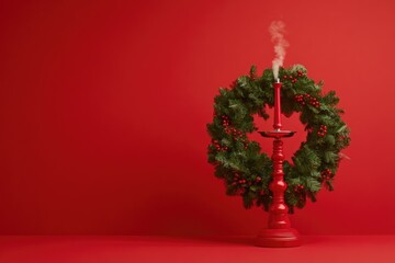 Candle surrounded by lush wreath exudes cozy holiday ambiance ag