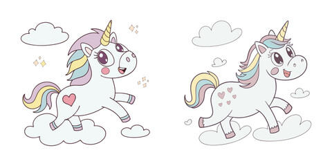 Cute Cartoon Unicorns in the Clouds
