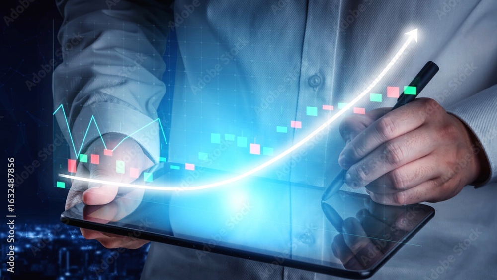 Aufkleber a business professional engages with a tablet to analyze financial data represented by colorful grap