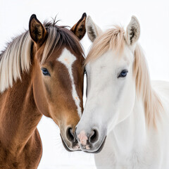 Obraz premium Affectionate Equine Bond: Two horses, one a rich chestnut hue, the other a pristine white, nuzzle close, their eyes locking in a moment of pure affection.