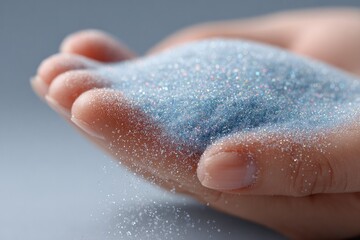 Fototapeta premium Delicate hands gently hold sparkling blue sand, capturing light