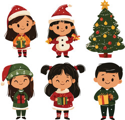 Fototapeta premium A fun set of cartoon Christmas elf characters with gifts and decorations