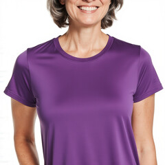 Confident Fitness Fashion: A portrait of a mature woman in a sleek purple shirt, radiating a sense of strength and vitality, embracing fitness and self-care. 