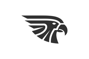 Dark gray stylized falcon head displays sharp feathers on a clean white background