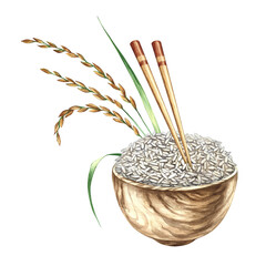 A wooden bowl with rice and chopsticks, next to rice stalks. Hand-drawn watercolor illustration. Used for menu design, recipes, and cookbooks. Used for banners, flyers, packaging, labels, and more.