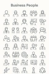 A diverse set of thin line icons illustrating business people, corporate roles, teamwork, and professional concepts.
