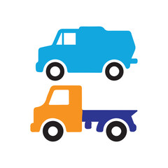 Naklejka premium Two colorful cartoon trucks one blue van and one orange flatbed truck isolated on white