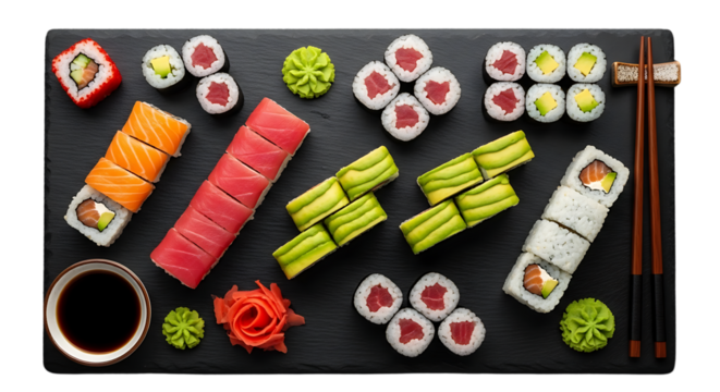 Variety of sushi rolls and accompaniments on a dark platter isolated on transparent background