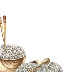 Corner frame with a picture of rice and chopsticks in a wooden bowl, next to a wooden rice paddle. Hand-drawn watercolor illustration. For menus, recipes, and cookbooks. For flyers, packaging, labels.