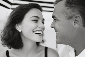 Naklejka premium Joyful couple sharing laughter under beach umbrella, capturing t