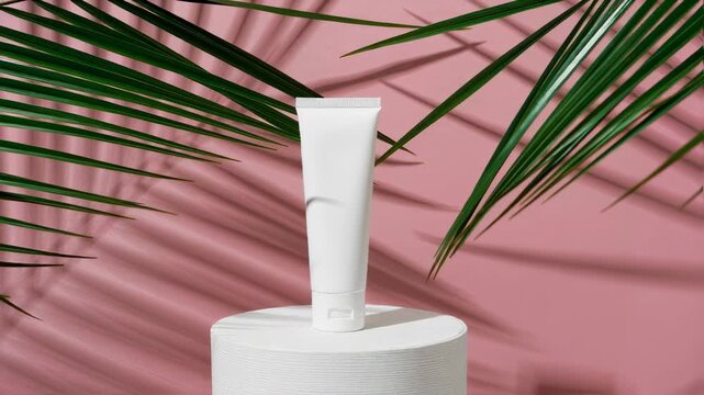 White plastic tube with face cream on a round display stand on a pink background with palm tropical leaves. Cosmetic women natural skin care product on sunny backdrop. Breeze wind on the background