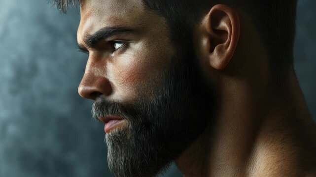 Bearded man with intense gaze, portraying strength and modern style.