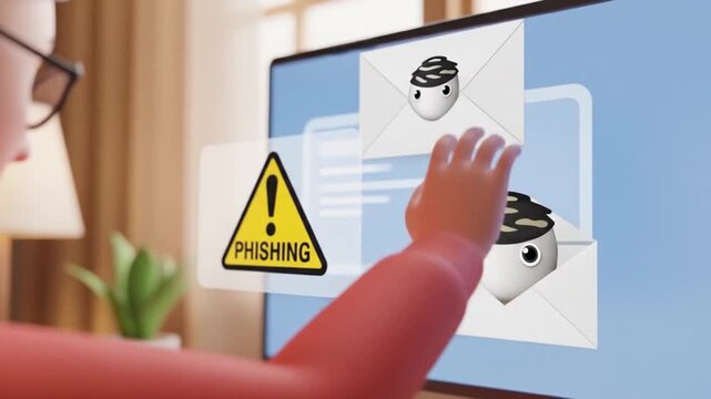Animated elderly woman encounters phishing scam emails on computer screen at home