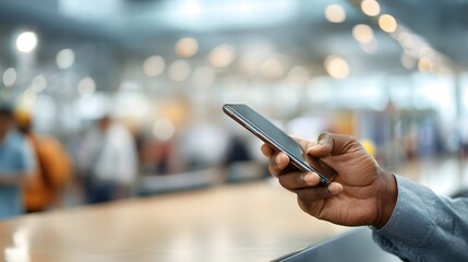 Traveler's hand holding a phone displaying offset information, with a blurred airport check-in desk in the background.