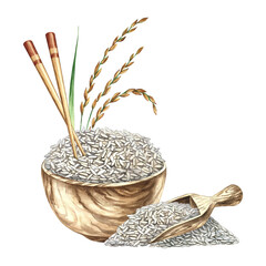 Rice with chopsticks in a wooden bowl, next to a wooden spatula and rice stalks. Hand-drawn watercolor illustration. Element of menu design, recipes and cookbooks. For banner, flyer, packaging, label
