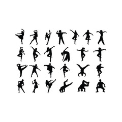 A vector collection of black sport silhouettes of men and women playing soccer, tennis, and running