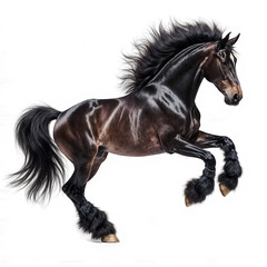 Fototapeta premium Majestic Horse's leap: A magnificent horse, with a sleek, dark coat and flowing mane, executes a dynamic leap, embodying power and freedom.