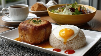 A savory corn and chicken patty with hot sauce and a sunny-side-up egg, served with a fresh salad
