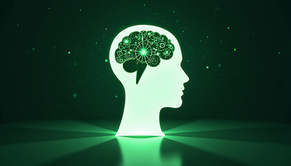Glowing green digital brain inside a human head silhouette symbolizing artificial intelligence