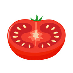 ripe, juicy half of a red tomato with green stems, fresh product.