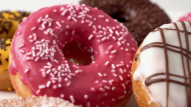 Assortment of vibrant donuts including pink with sprinkles chocolate and yellow captured in a delicious close-up ideal for sweet indulgent dessert imagery