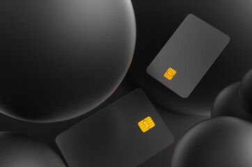 Close-up of transparent credit card against black spheres. 3d rendering illustration