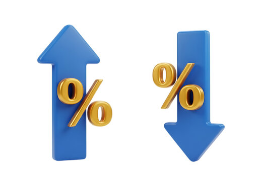 3d icon of blue arrows with percent signs indicating financial growth and decline, isolated on transparent background